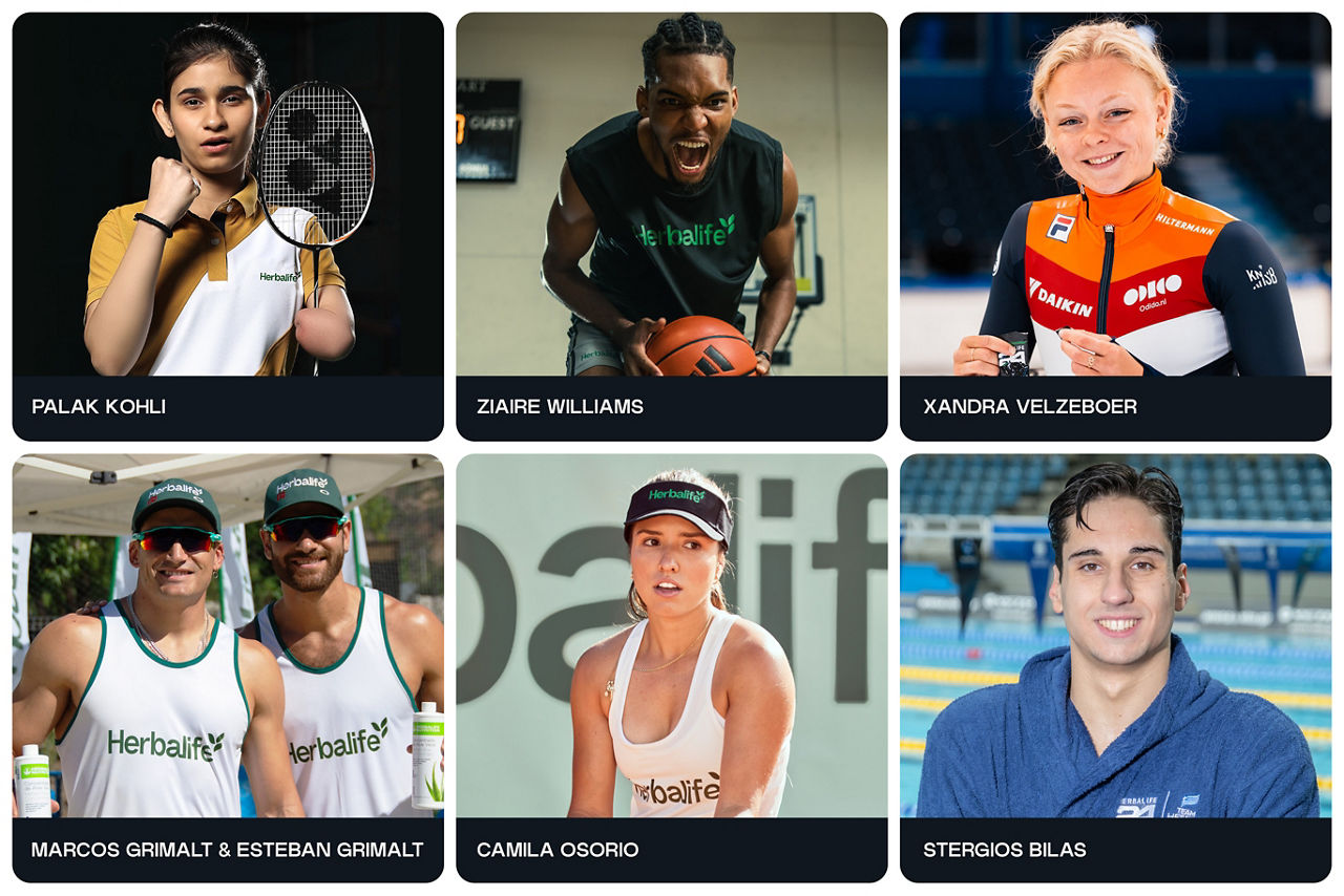Image of 2025 Herbalife Sponsored Athletes: Palak Kohli, Ziaire Williams, Xandra Velzeboer, Marcos and Esteban Grimalt, Camila Osorio, Stergios Bilas (with highlighted names)